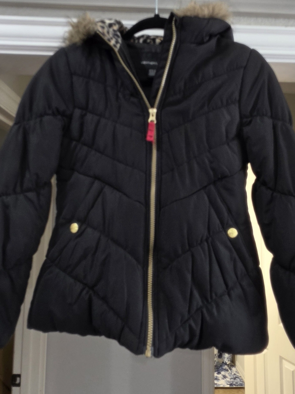 Girls' Black Quilted Puffer Jacket with Faux Fur-Trimmed Hood